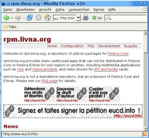 Abbildung 2: Livna.org führt nicht begehrte Multimedia-Pakete für Fedora, sondern setzt sich auch für das Recht auf Privatkopie ein.