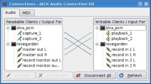 Abbildung 2: Nach dem Start von Rosegarden macht Qjackctl neue Audio- und MIDI-Anschlüsse verfügbar.