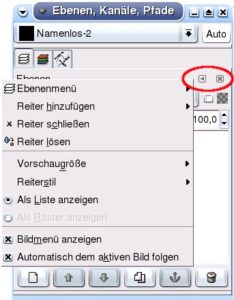 Abbildung 2a: Das Menü zum Andocken von Dialogen lässt sich in Gimp 2.0 über kleine Schaltflächen am rechten oberen Rand öffnen.