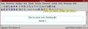 Abbildung 3: Beim Editieren von Tabellen bietet TeXmacs automatisch zusätzliche Icons zum Einfügen und Manipulieren von Tabellenzellen an.