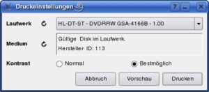 Abbildung 3: Der Druckdialog von Lightscribe Labeler zeigt Ihnen einige Informationen zum Brenner und zum eingelegten Medium an.