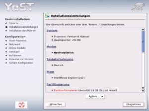 Abbildung 3: Vor dem Start der Installation präsentiert Yast eine Übersicht aller Einstellungen.