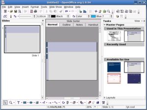 Abbildung 3: Impress überrascht mit der am stärksten veränderte Oberfläche des neuen OpenOffice-Pakets. Sie errinert stark an die aktuelle Powerpoint-Version von Microsoft.