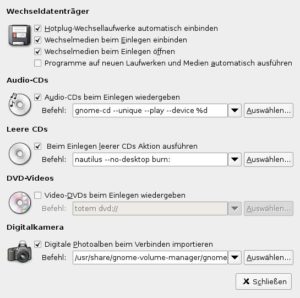 Abbildung 3: In Gnome 2.8 legt gnome-volume-properties Anwendungen für einige Hotplugging-Fälle fest.