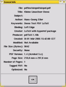 Abbildung 3: Dank "hypersetup" tauchen im Summary-Fenster Autor, Titel und Schlagworte auf.