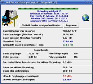 Abbildung 3: Nachdem Easy Connect die Verbindung erfolgreich aufgebaut hat, zeigt das Programm Ihre IP-Adresse sowie Statistiken zum Datentransfer an.