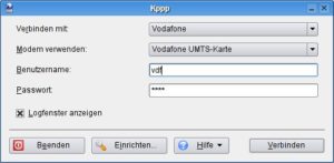 Abbildung 3: Mit dem KDE-Tool KPPP gelingt eine Verbindung ins UMTS-Netz relativ komfortabel. Wenige Klicks sind nötig, um den Zugang als auch das Modem zu konfigurieren.