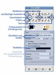 Abbildung 3: Im Gimp-Hauptfenster finden Sie die Werkzeuge und die Farbauswahl.