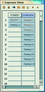 Abbildung 3: Das Exposure-Sheet von KToon fasst einzelnen Ebenen und Animationsschritte übersichtlich zusammen.