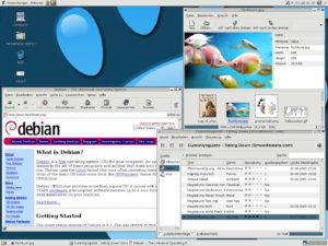 Abbildung 3: Standardmäßig benutzt Debian 3.1 den Gnome-Desktop zusammen mit den wichtigsten Programmen. Die Installationroutine installiert jedoch auch KDE, sodass Sie die Wahl haben, welchen Desktop Sie starten möchten.
