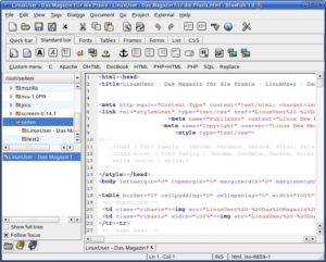 Abbildung 3: Bluefish: Die Fenster auf der linken Seite dienen der Dateiverwaltung, rechts das Editorfenster mit geladener LinuxUser-Homepage.