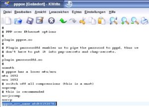 Abbildung 3: Verwendet PPP das herkömmliche PPPoE-Plugin wie hier zu sehen, wird der Einwahl-String mit dem Parameter <code srcset=