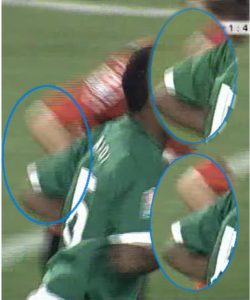 Abbildung 3: Deinterlacing während des Abspielens, wie es MPlayer oder Xine bieten, ist bei derartig starken Kammartefakten überfordert (rechts oben). Die Deinterlacing-Filter von Avidmux beseitigen die störenden Streifen weit wirkungsvoller (rechts unten).