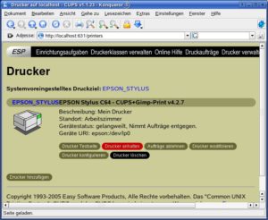 Abbildung 3: Ein fertig eingerichteter Drucker unter Cups. Die Web-Oberfläche führt auch alle durch die Distribution eingerichteten Drucker auf.