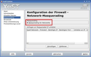 Abbildung 3: Unter Suse Linux schalten Sie das Masquerading bequem über YaST ein. Dazu müssen Sie lediglich die Option <code srcset=