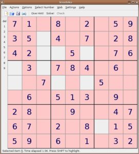 Abbildung 3: Beim Drücken der Shift-Taste zeigt Ksudoku alle Felder, die die gleiche Zahl enthalten können, wie diejenige, über der sich der Mauszeiger befindet. Alle anderen färbt es rosa ein.