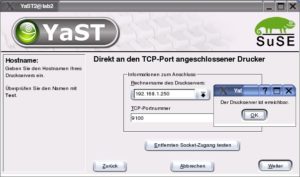 Abbildung 3: Standardmäßig nehmen Druckerserver auf Port 9100 Druckaufträge an, was bei YaST auch voreingestellt ist. Lediglich die IP-Adresse des Druckeradapters muss man einfügen.