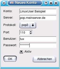 Abbildung 3: In diesen KShowmail-Dialog tragen Sie alle Eckwerte für ein neues Konto ein; im Beispiel trägt das neue Konto den Namen "LinuxUser Beispiel", der POP3-Server heißt "pop.meinserver.de" und der Besitzer des Postfachs hört auf den Benutzernamen "tux".