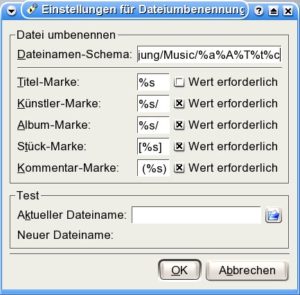 Abbildung 3: Mit diesem Dateinamensschema ziehen alle Dateien beim Umbenennen ins Verzeichnis ~/Music/Bandname/Albumname um und werden in "<code srcset=