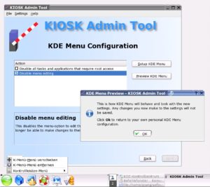 Abbildung 3: Die Vorschau-Funktion zur Regel "Disable menu editing" zeigt, dass ein rechter Mausklick auf den Start-Menü-Knopf (hier bei Suse) den Menü-Editor-Eintrag vermissen lässt.