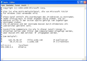 Abbildung 3: Auch unter Windows gibt es die von Linux schon bekannte "hosts"-Datei, in der Rechnernamen und IP-Adressen verbunden werden.