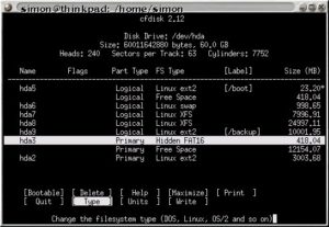 Abbildung 3: Der Typ einer Hibernate-Partition ist "Hidden FAT16".