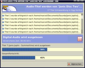 Abbildung 3: Während des Auslesevorgangs zeigt K3b ein detailliertes Informationsfenster an. Ein Abbruch ist jederzeit möglich.