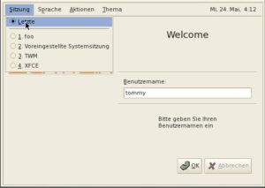 Abbildung 3: Der Login-Manager erlaubt neben der Wahl der Sprache und des Layouts auch das XDMCP-Login auf entfernten Rechnern.
