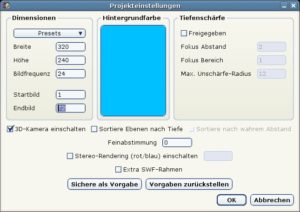Abbildung 3: Über den Dialog "Projekteinstellungen" passen Sie Auflösung, Länge und Hintergrundfarbe der Animation an.