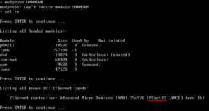 Abbildung 3a: Nach dem vergeblichen Versuch, ein nicht vorhandenes Treiber-Modul zu laden, listet Devil-Linux die geladenen Kernel-Module und zeigt alle gefundenen Ethernet-Karten. Die rot unterstrichene Ausgabe ist bei der Wahl des passenden Treibers wichtig.