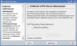 Abbildung 4: Ist das Kontrollkästchen "IPP-Broadcast-Pakete überwachen", richtet YaST den lokalen Cups-Server so ein, dass von anderen Servern veröffentlichte Druckerwarteschlangen auch auf dem eigenen Rechner zur Verfügung stehen.