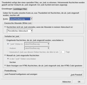 Abbildung 4: Die Einstellungen des eingebauten Junk-Filters im Mail-Client Thunderbird.