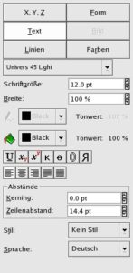Abbildung 4: Bei Text-Objekten stellen Sie unter anderem Schriftart, -größe, Laufweite (Kerning) und den Zeilenabstand ein.