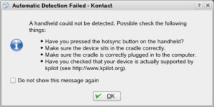 Abbildung 4: Der KPilot Configuration Wizard findet keine Hardware – manchmal aber auch nur scheinbar. Das Fenster tauchte gelegentlich auch bei erfolgreicher Kontaktaufnahme zum Pilot auf.