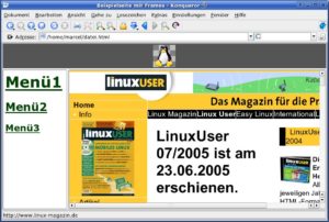 Abbildung 4: Ein einfaches HTML-Dokument mit Frames. Der obere Rahmen bindet ein transparentes PNG-Bild ein. Links ist eine einfache HTML-Seite verknüpft, im unteren Rahmen die Homepage des LinuxUser.