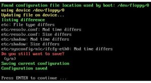 Abbildung 4: Das Save-Config-Programm benutzt unter anderem Diff, um dem Admin alle Konfigurationsänderungen detailliert anzuzeigen. Das soll verhindern, dass er versehentlich die falsche Diskette überschreibt.