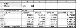 Abbildung 4: Diese Tabelle basiert auf denselben Daten wie die aus Abbildung 3, zeigt aber ein verändertes Layout. Als Kriterien für die Teilsummen gelten hier gleiche Artikelnummern und Filialen. Drag'n'Drop macht's möglich.