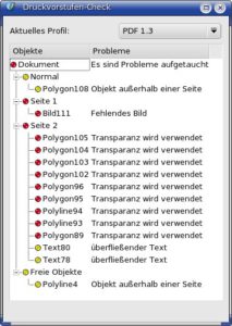 Abbildung 4: Scribus warnt, wenn Ihr Druckdaten nicht zur gewählten PDF- oder Postscript-Version passen. So vermeiden Sie böse Überraschungen, bevor Sie die Daten in der Druckerei abliefern.