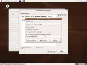 Abbildung 4: Ubuntu unterteilt seine Paketsammlungen in vier Kategorien. Im grafischen Paketmanager lassen sie sich per Mausklick ein- und ausschalten.