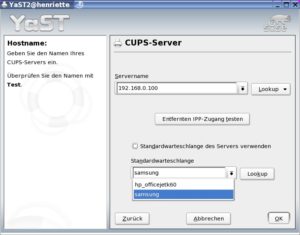 Abbildung 4: Yast scannt das Netzwerk nach verfügbaren CUPS-Servern, und gibt für den ausgewählten Server die Warteschlangen an.