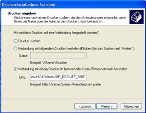 Abbildung 4: So sieht der Dialog zum Einrichten eines Netzwerkdruckers bei Windows XP aus. Es ist wichtig, den Eintrag "Verbindung mit einem Drucker …" auszuwählen, da nur dieser auf IPP zurückgreift.