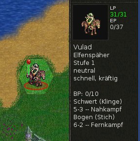 Abbildung 4: Halten Sie die Maus über eine Figur, so zeigt der rechte Fensterbereich eine Statusübersicht: Name (Vulad) und Typ der Figur (Elfenspäher), sowie ihre Kampfstärke und Geschwindigkeit.