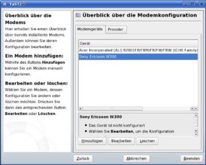 Abbildung 4: Das Sony W300i arbeitet am USB-Kabel im Datentransfermodus entweder als USB-Storage-Gerät, oder wie hier zu sehen im Telefonmodus als herkömmliches Modem. YaST fand das Gerät auf Anhieb.