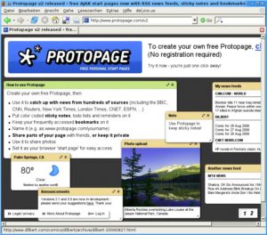 Abbildung 4: Protopage bietet seinen Nutzern einen eigenen Desktop im Webbrowser. Darauf legen sie Notizen ab, sammeln News anderer Seiten oder lesen den Wetterbericht. Die Fenster lassen sich wie auf einem lokalen System per Drag & Drop mit der Maus verschieben.