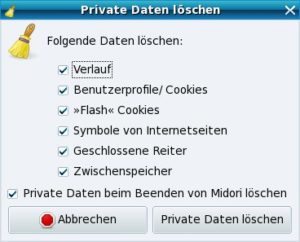 Abbildung 4: Die Löschoptionen von Midori sorgen dafür, das Privates nicht in falsche Hände gerät.