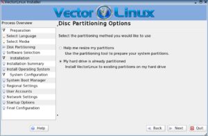 Abbildung 4: Die SOHO-Variante von Vector Linux wartet mit einer optisch verbesserten Installationsroutine auf.