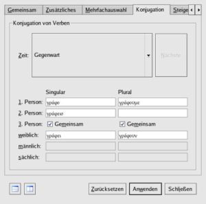 Abbildung 5: Im Register "Konjugation" gibt man Informationen für die Zeiten der Verben ein.