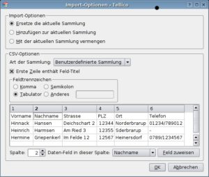 Abbildung 5: Tellico importiert CSV-Dateien in verschiedenen Formaten.