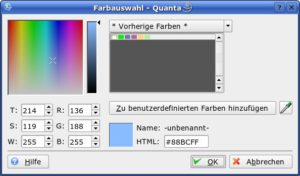 Abbildung 5: Der Farbauswahldialog von Quanta verrät Ihnen, welcher Code zu welcher Farbe gehört. Über die Pipette können Sie auch Farbcodes von Bildern ablesen.