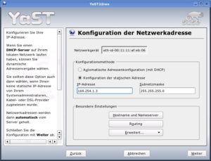 Abbildung 5: Suses Yast zeigt die Einstellungen der Netzwerkkarte unter <code srcset=